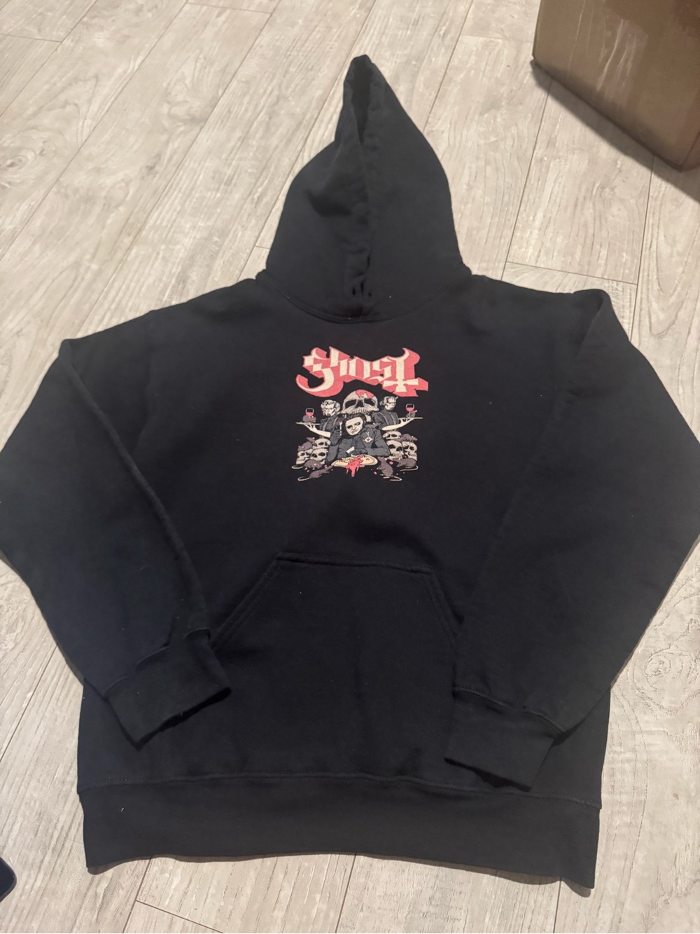 Ghost Black Hoodie with Red and White Graphic “what’s for dinner”.